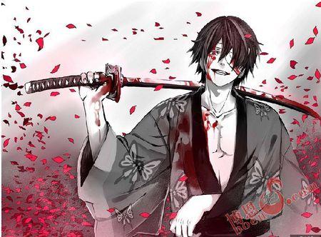 刀是扛着的 背景是血色的樱花在飞的图片 还有在说下他是什么动漫里的