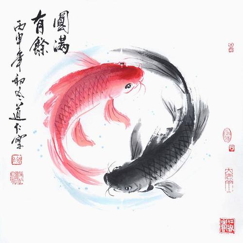 国画鱼 现代中式玄关九鱼图餐厅水墨装饰画风水画方形