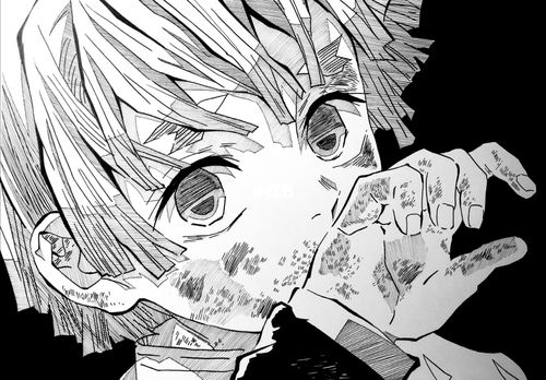 手绘|鬼灭之刃 我妻善逸_鬼灭之刃_手绘_樱花_针管笔