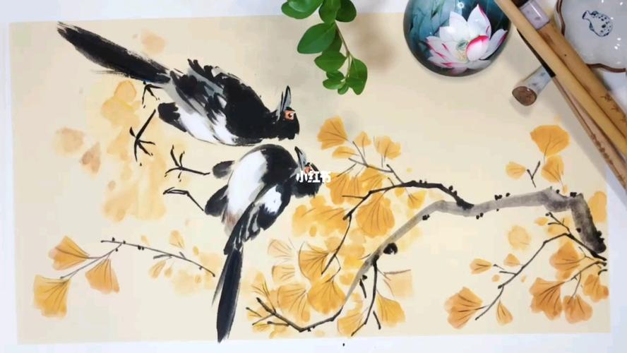 双"喜"临门_国画_银杏_文化_绘画