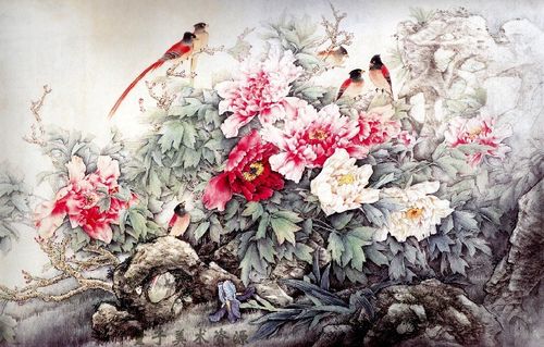 高清国画图库 装饰画设计素材 斗方横幅工笔画 牡丹花