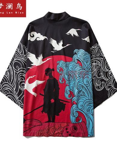 国服道袍男中国风和服国潮浮世绘时尚百搭海浪人物仙鹤印花女宽松休闲