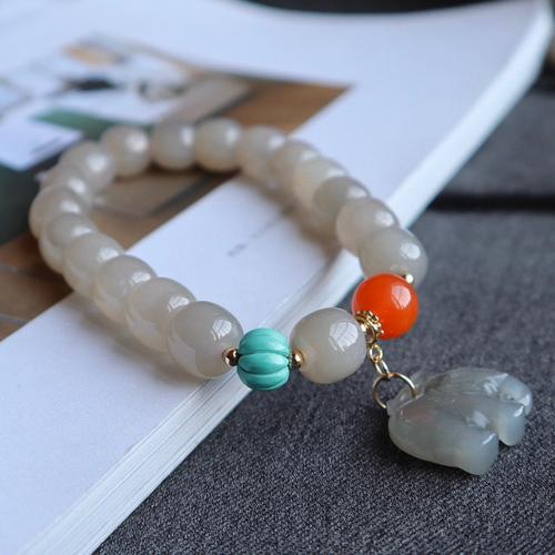 天然和田玉藕粉老型珠手链手串搭配烟紫小福象小如意锁原创手链