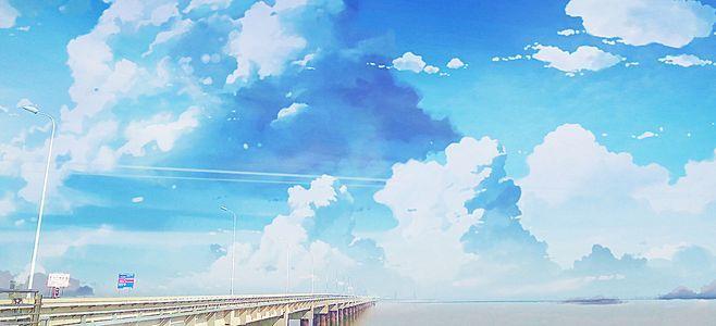 蓝色,小清新,漫画,动漫,蓝天,桥,灯,.