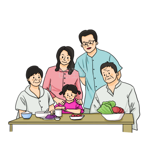 重阳节一家五口聚会吃饭卡通插画