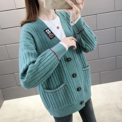 初语v领针织衫女春装新款韩版宽松慵懒风麻花纹镂空毛衣开衫