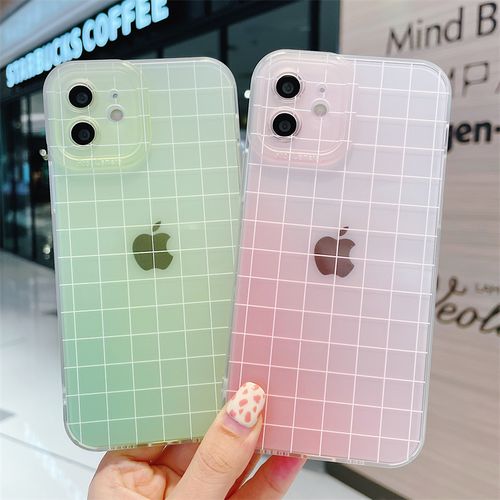 苹果12pro max手机壳,苹果12pro max充电器 渐变粉绿格子适用iphone12pro max手机壳苹果11软x/xs