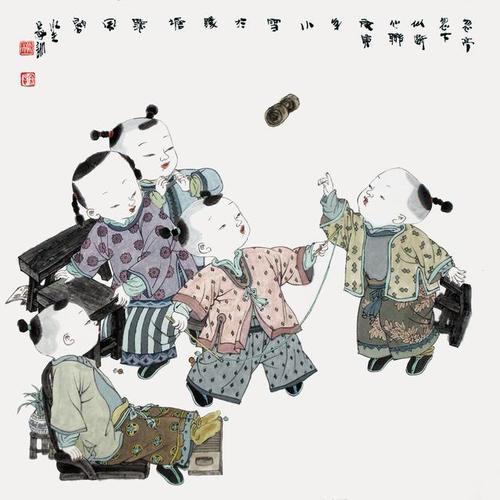 此外,王家训的"五子图"国画作品中,               儿童嬉戏玩耍的