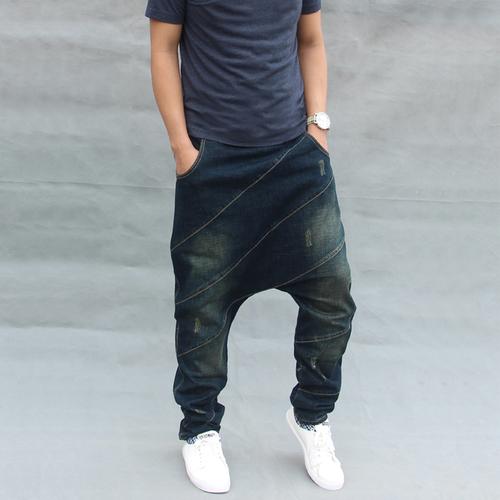 一折垮裤男 哈伦裤_c633 潮男小脚牛仔哈伦裤 宽松大码吊裆垮裤男士