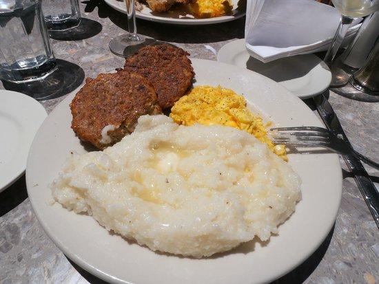 salmon croquets with scrambled eggs w/cheddar cheese & grits
