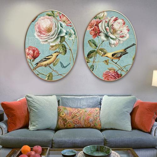 美式田园客厅双联花鸟手绘油画玄关餐厅卧室床头过道椭圆形装饰画