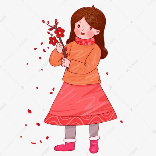 手绘新年摘花的小女孩