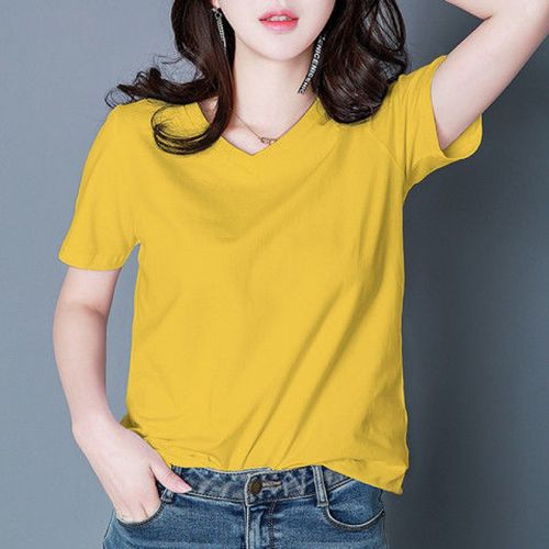 言囡短袖t恤上衣女士夏装精品95棉黑白色v领鸡心领t恤女短袖半袖简约