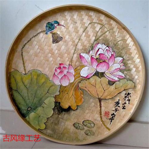 竹编筛子装饰画簸箕绘画墙面挂画手绘农家乐节气工艺画