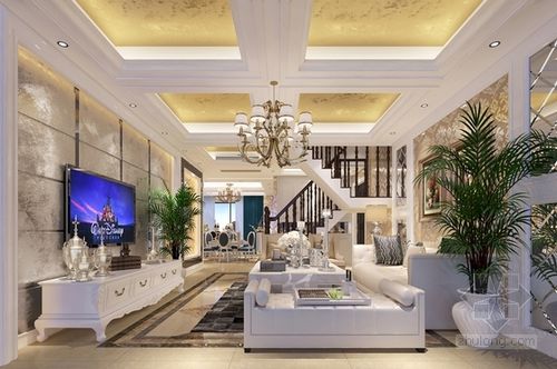 精品豪华欧式风格两层小别墅室内装修施工图客厅效果图