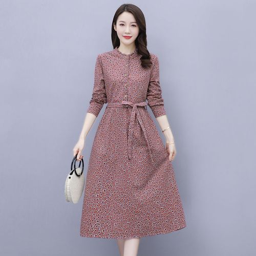 春秋连衣裙女2021年新款大码女装中长款收腰遮肚棉麻长袖碎花裙子