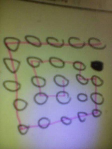 二十五个点有一个是圈点,二十四个点一笔连起来不能越