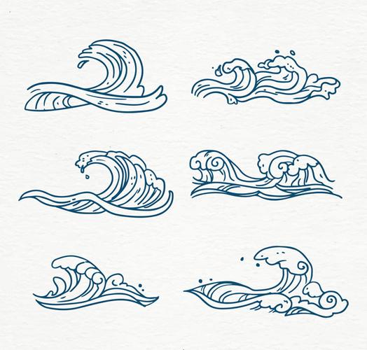 6款手绘线描波涛海浪矢量素材,手绘波浪·,蓝色波涛,浪花,海浪矢量