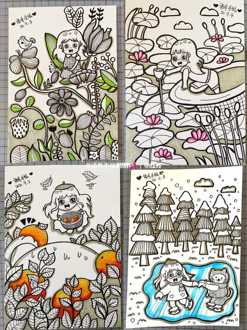 春夏秋冬|创意线描画_针管笔_马克笔_文化_绘画