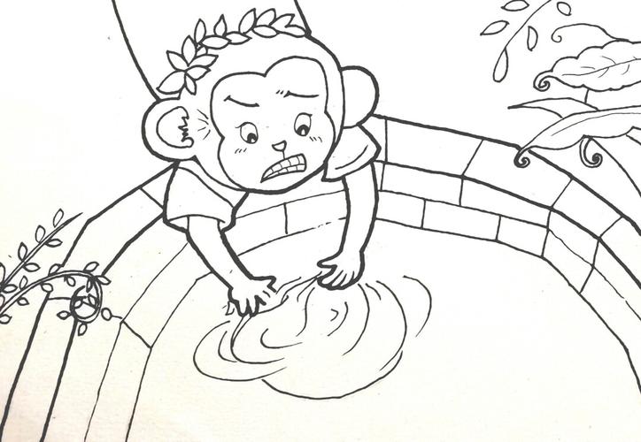 儿童简笔画(猴子捞月)_简笔画_寒假去哪玩_插画_文化