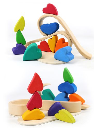 彩虹爱心积木心形椴木大块实木儿童智力游戏堆塔积木玩具生日礼品
