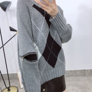 秋冬新款个性拉链设计圆领针织衫宽松灰白黑菱格撞色套头毛衣女
