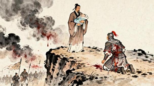 怀抱襁褓的刘备,立于断崖之上,面对浑身浴血的赵云,双膝猛然跪地