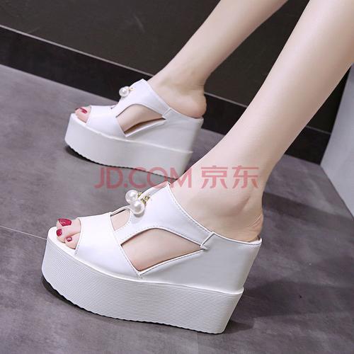 劲核夏季凉拖鞋坡跟超高跟防水台厚底鱼嘴凉鞋松糕跟女鞋 白色 35 偏