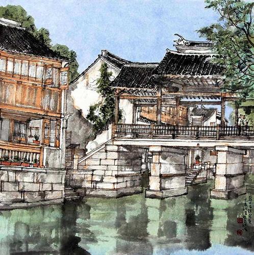 许俊 《荡口古镇》 纸本设色 50x50cm 2019年