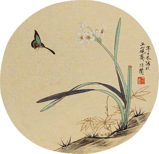 于非暗 花卉草虫 团扇 绢本作品欣赏