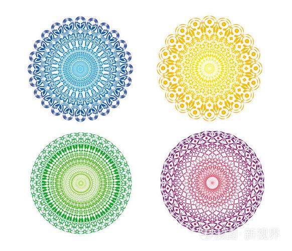 4曼荼罗4种颜色镂空圆形装饰品黄橙蓝绿红紫色向量