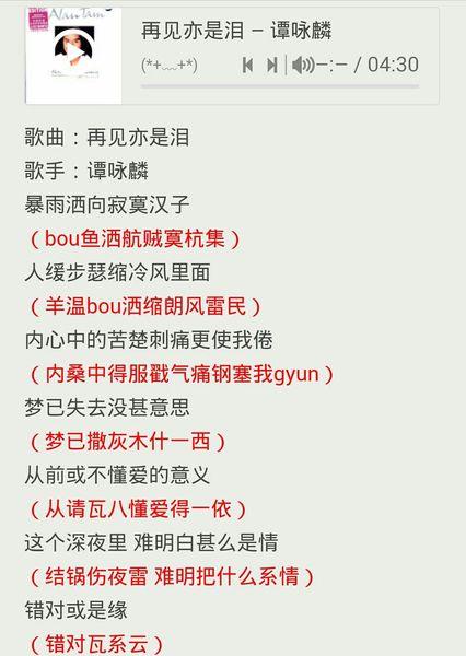 求 再见亦是泪 拼音歌词,懂粤语的进!