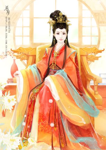 坐姿 皇后 古风古韵 古装美人 手绘言情风 小说 美腻 素材 壁纸 插画