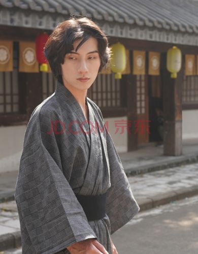 日式传统日本和服男武仕士服男士浴衣长袍黑灰格家居服温泉浴袍腰带