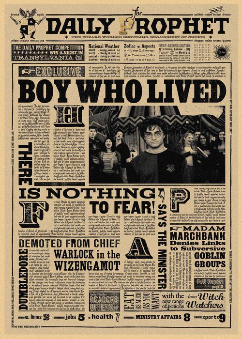经典怀旧电影哈利波特报纸插画复古牛皮纸海报酒吧咖啡厅装饰墙画