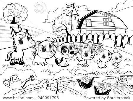 funny farm animals in the garden. vector cartoon