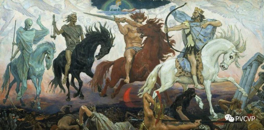 白马骑士-瘟疫,红马骑士-战争,黑马骑士-饥荒,灰马骑士-死亡.