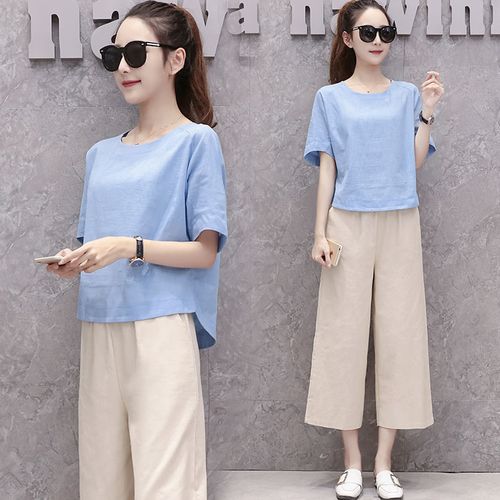 棉麻套装女2021夏季新款韩版宽松上衣阔腿裤休闲亚麻