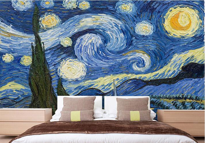 欧式油画沙发壁纸 卧室床头背景墙墙纸 艺术手绘大型壁画梵高星空