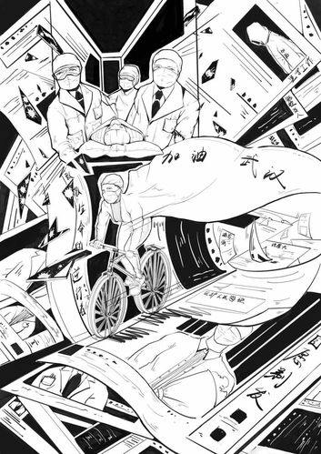 采用黑白画的方式,通过鲜明的对比突出疫情防控一线的勇士,撞碎病毒