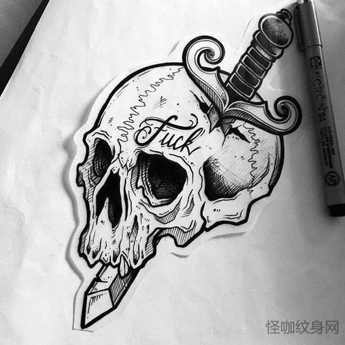 new school手稿匕首骷髅纹身图案