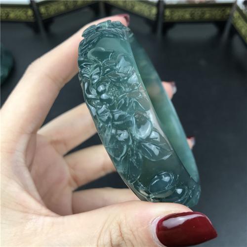 天然岫玉玉石王花玉蓝孔雀雕花手镯平安扣牡丹花开富贵手饰