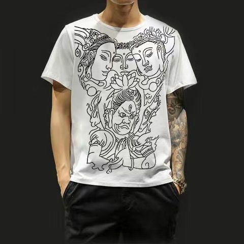 三面佛衣服精神小伙社会网红纹身图案学生夏季短袖t恤