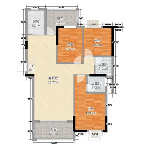 清华熙园3室2厅2卫1厨128.00㎡户型图