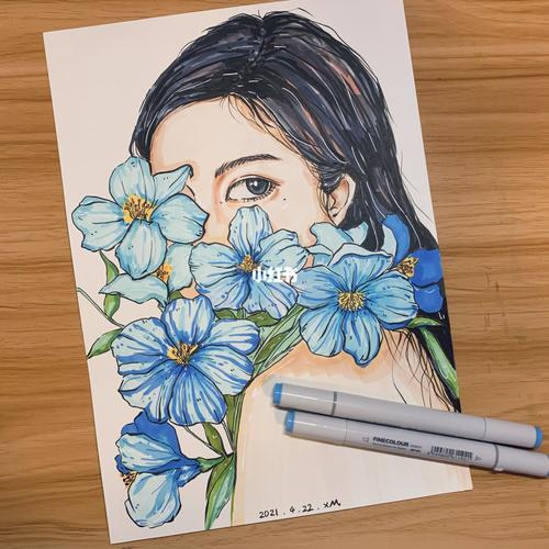 「原创」人物女马克笔绘画_马克笔_绘画_鲜花_三菱怎么样_高光_夕阳