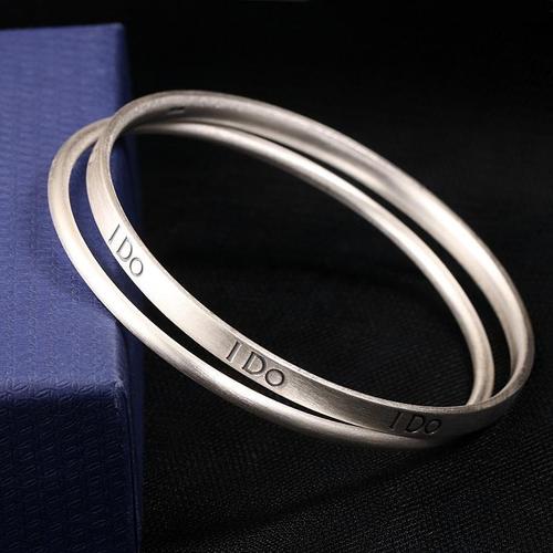 kingtime999纯银英文字母手镯女韩版磨砂简约刻字贵妃足银双环双圈银