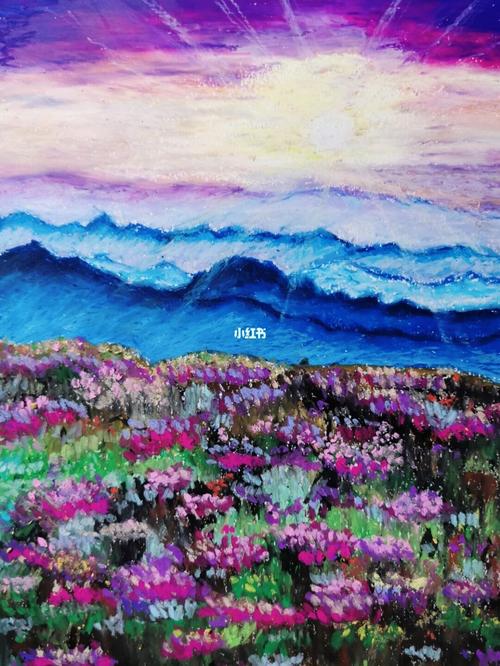 夕阳下的花海_夕阳_花海_油画_油画棒_文化_绘画