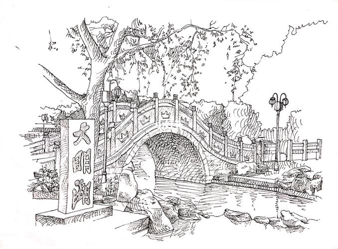 针管笔手绘-大明湖_大明湖风景名胜区_手绘_针管笔_人文_绘画