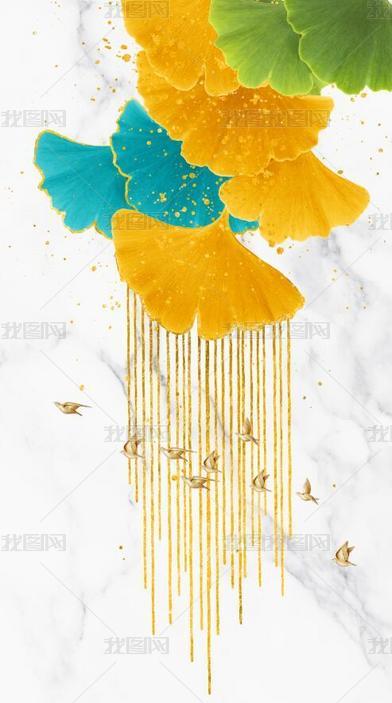 花纹图案现代时尚轻奢抽象艺术油画鎏金银杏叶挂画花纹图案家居数码