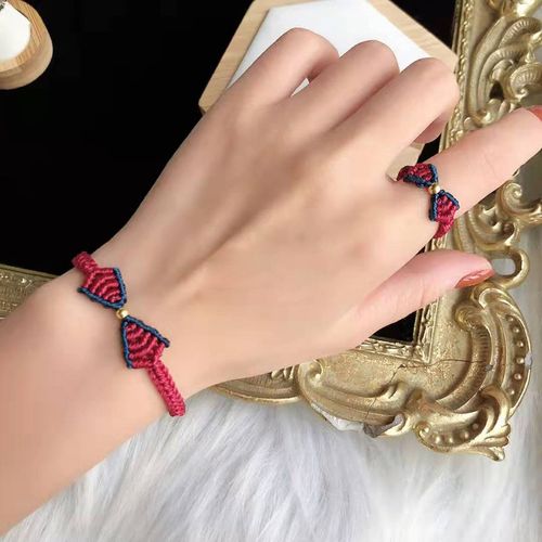 蝴蝶结编织本命年红绳999金转运珠情侣对戒 浅蓝蝴蝶结戒指【默认发6